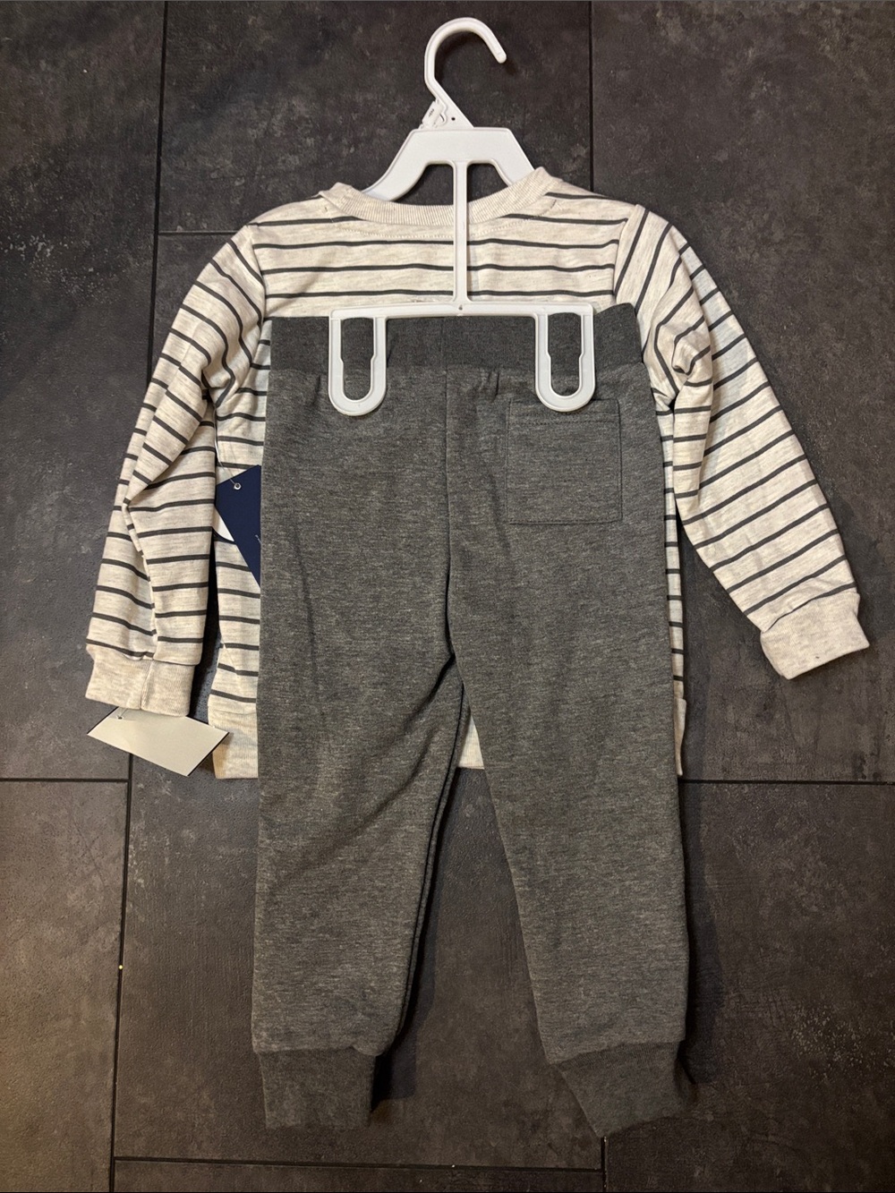 Kids' Grey Striped Pajama Set with Green Dinosaur Graphic - Little and Wild - Picture 3 of 3